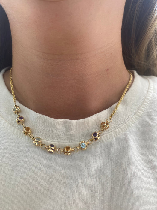 Vintage 14K Gold Rope Chain with Multi-Color Gemstone Charms