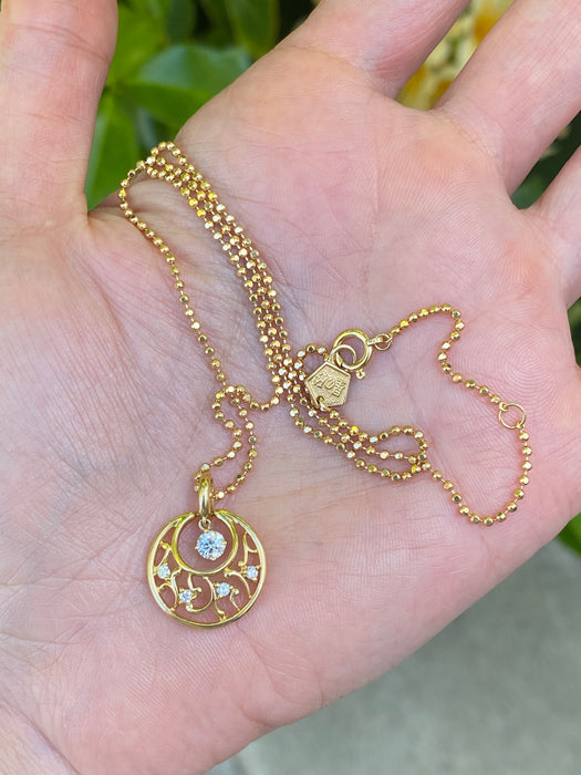 Vintage 18K Gold Bead Diamond Moon Pendant Necklace