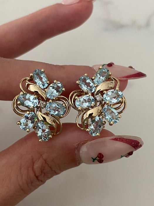 Vintage 14K Gold Blue Topaz & Diamond Cluster Earrings – Omega Back