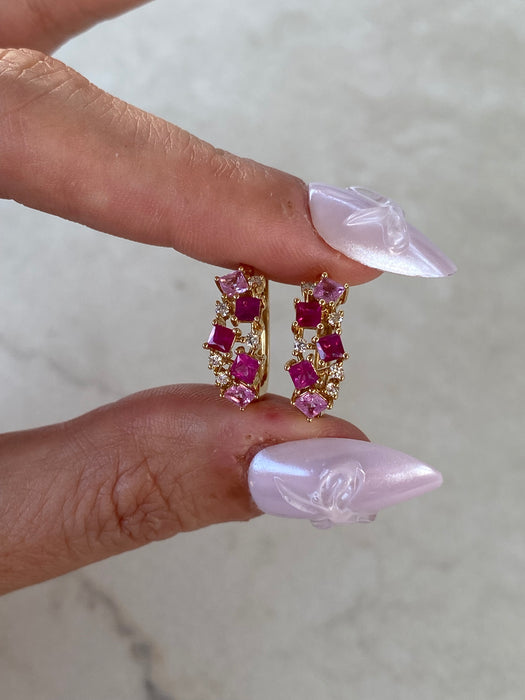 14K Gold Ruby & Pink Sapphire & Diamond Huggie Earrings