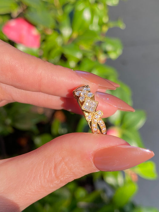 Vintage 18k Gold Invisible Set Princess Cut Diamond & Round Diamond Ring Size 6.25