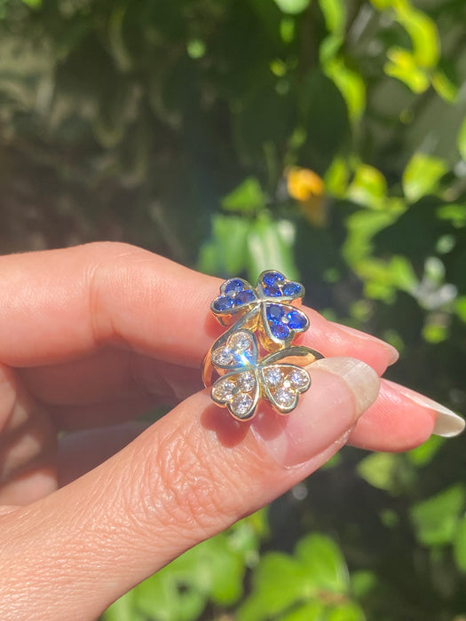 18k diamond blue sapphire clover bypass ring size 5