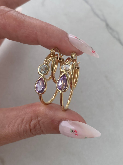 14K Vintage Blue Topaz & Amethyst Hoop Earrings