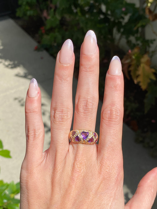 Vintage 18K Gold Amethyst Heart Ring with Diamond Accents – Size 7