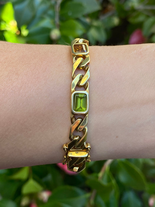 Vintage 14k Solid Gold Rainbow Gemstone Curb Bracelet | Emerald Cut Peridot Amethyst Citrine | 7”