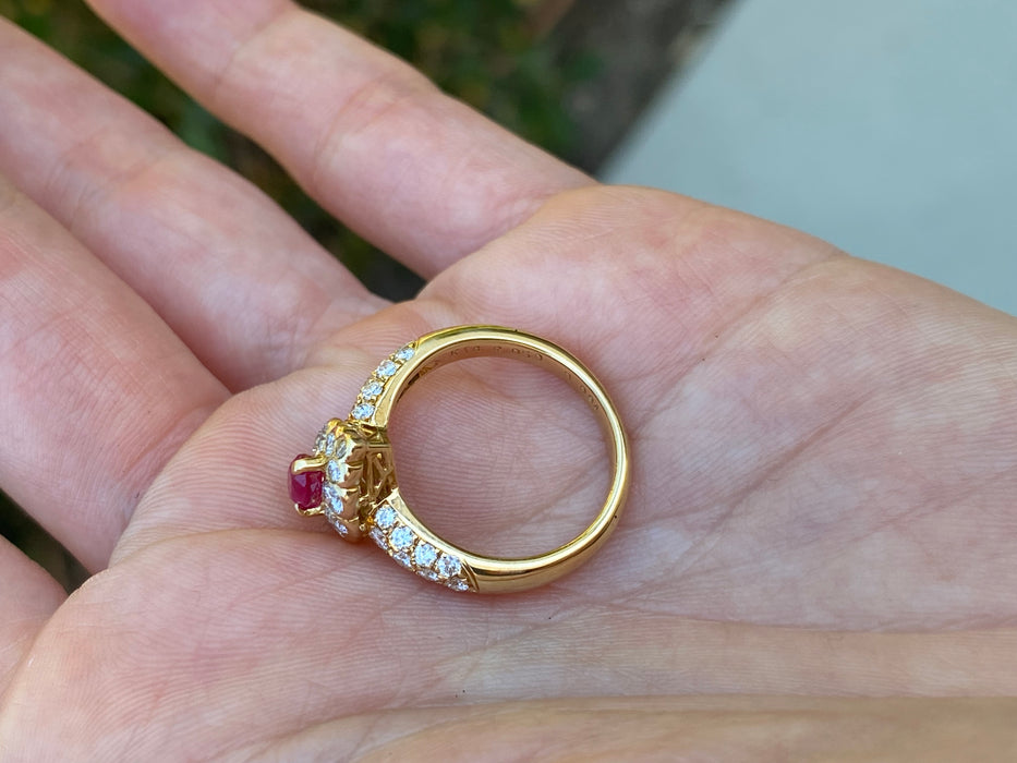 Vintage 18K Gold Ruby & Diamond Halo Ring