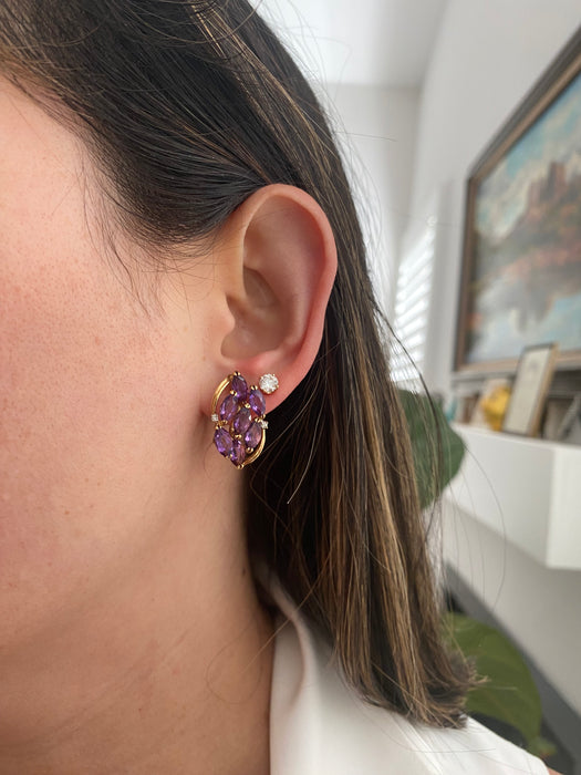 Vintage 14K Gold Marquise Amethyst & Diamond Earrings with Omega Backings