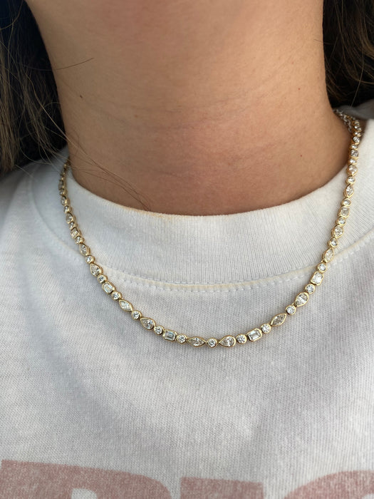 14K Gold 13 Carat Lab Diamond Mixed Cut Bezel Set Tennis Necklace | Pear, Marquise, Emerald & Round