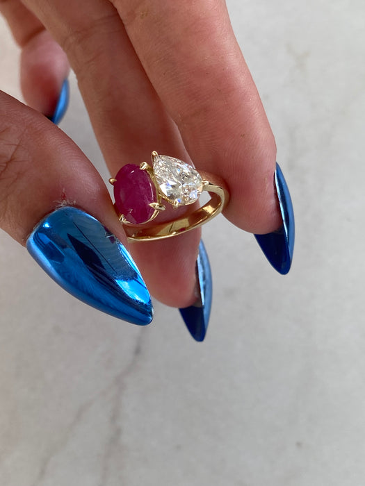 14K Gold Ruby & Pear Diamond Ring – 1 Carat Oval Ruby, 1 Carat Pear Lab Diamond, Size 4.75