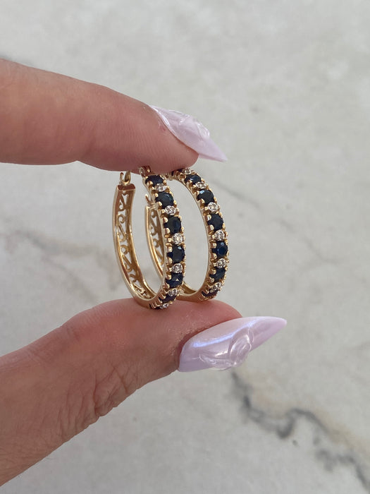 Vintage 14K Gold Blue Sapphire & Diamond Hoop Earrings