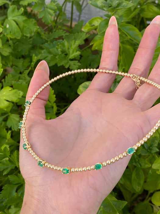 14K Gold Emerald Bead Collar Necklace – 1.40 TCW Emerald Cut Emerald Station Necklace – Adjustable 13–15”