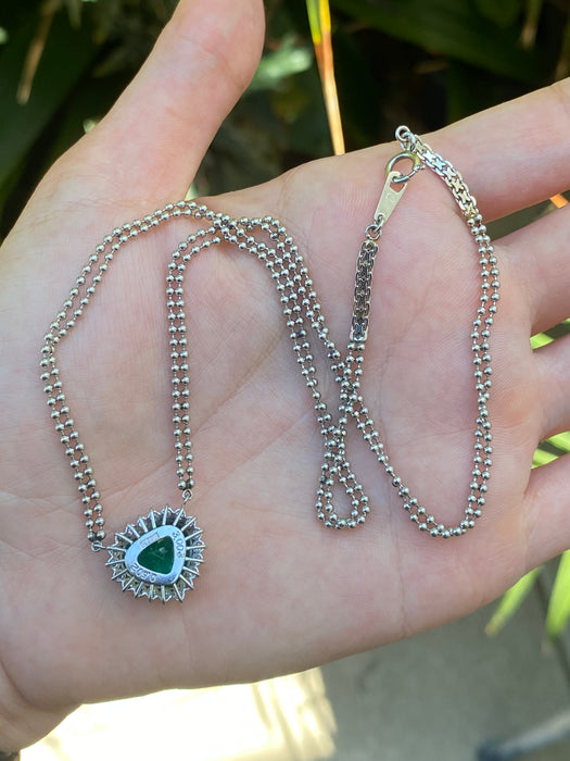 Platinum 850 bezel set 3.5 carat emerald heart and diamond bead necklace