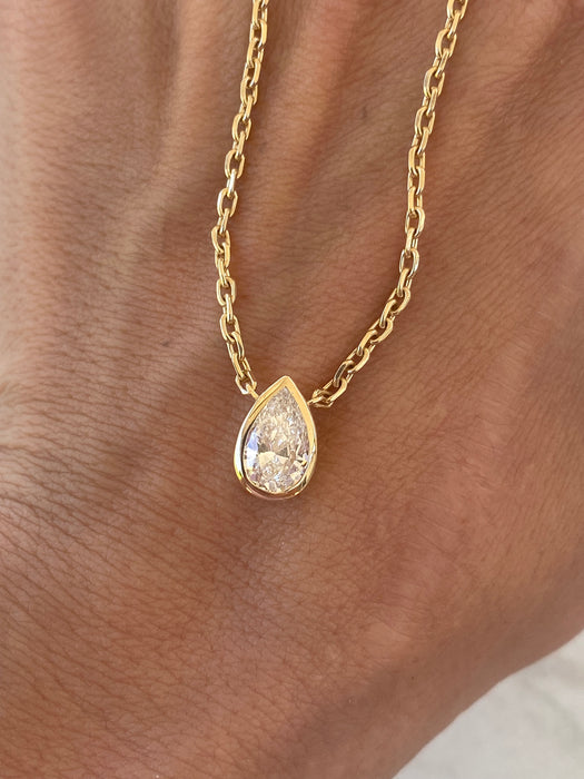14K Solid Gold Biker Chain 1.1 Carat Pear Lab Diamond Necklace