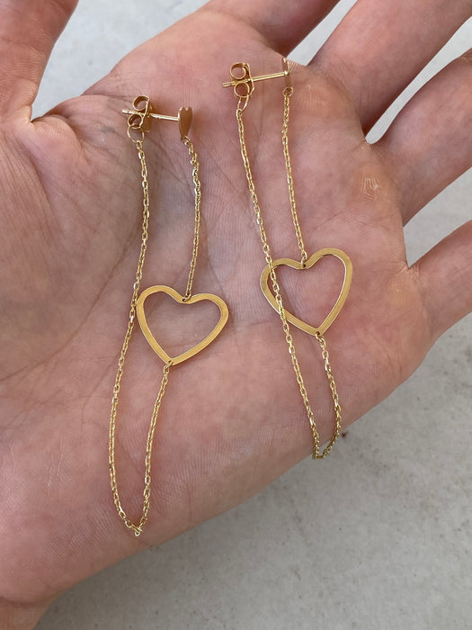 14K Yellow Gold Heart Chain Drop Earrings