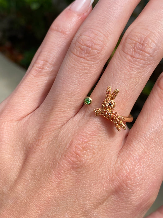 Vintage 18K Gold Orange Sapphire Rabbit Ring with Black Diamond Eye & Emerald Accent