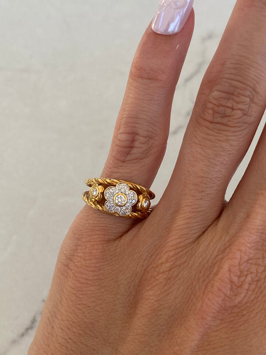 Vintage 18K Yellow Gold Double Rope Diamond Flower Ring