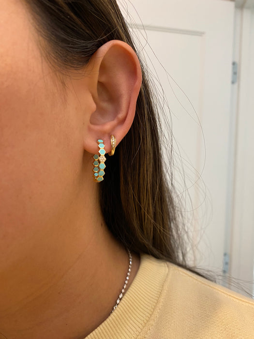 14k blue enamel diamond hexagon huggie hoop earrings