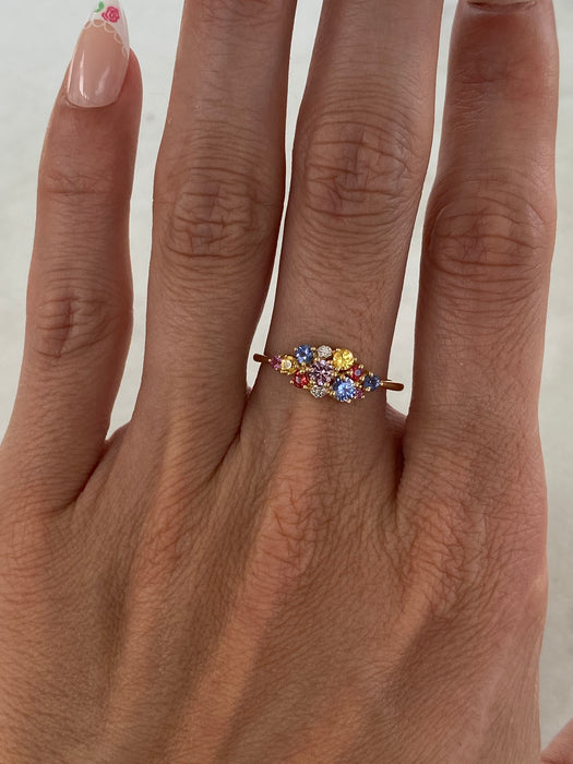 14K Rainbow Sapphire Cluster Ring