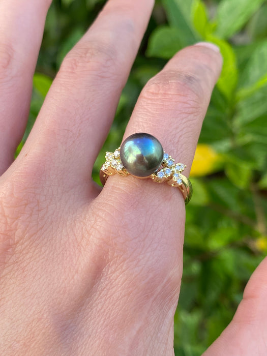 14k rainbow black pearl with diamond butterfly ring size 7