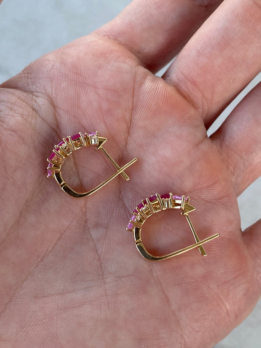 14K Gold Ruby & Pink Sapphire & Diamond Huggie Earrings