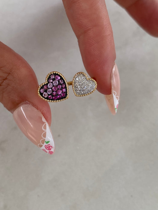 14K Yellow Gold Diamond & Ombre Pink Sapphire Double Heart Croissant Ring