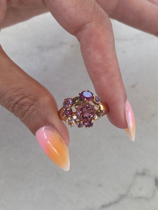 Vintage 18K Rose Gold Multi-Gemstone Cluster Ring – Pink Tourmaline, Amethyst, Smoky Quartz & Diamonds | Size 8