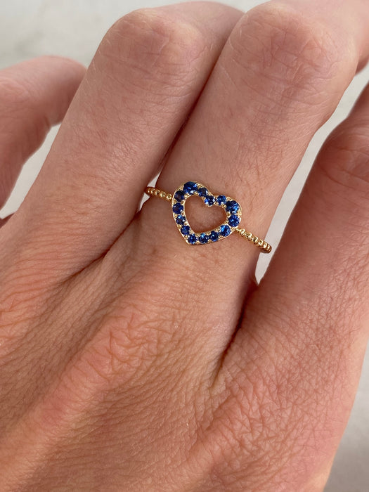 14K Gold Bead Ring with Blue Sapphire Heart | Size 7