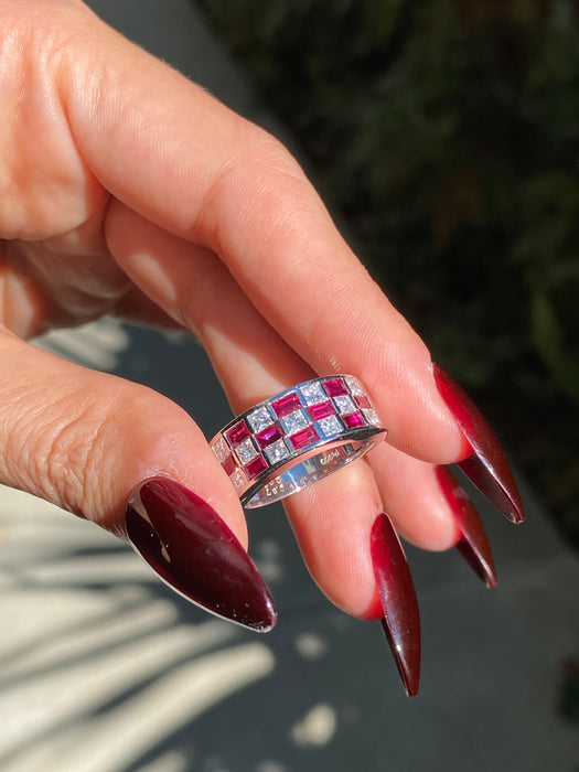 Platinum 900 ruby diamond checkerboard ring size 6.5
