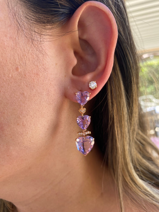 18K Rose Gold Amethyst & Diamond Heart Drop Earrings