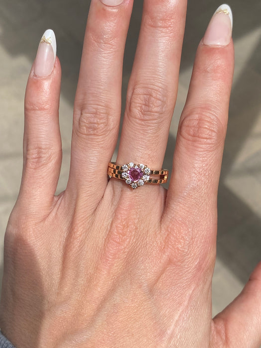 Vintage 18K Rose Gold Pink Sapphire Heart Ring with Diamond Halo – Size 7
