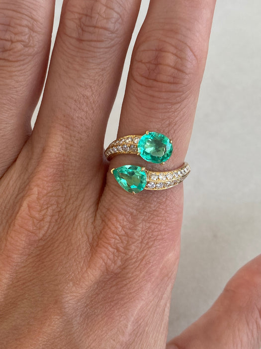 Vintage 18K Emerald & Diamond Bypass Ring