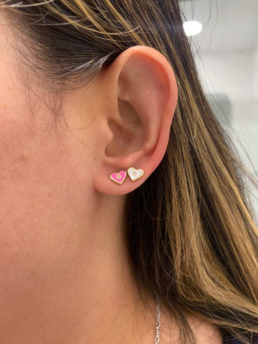 14K Gold Pink Enamel Diamond Heart Stud Earrings