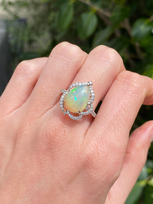 Platinum 900 opal and diamond ring size 6.5