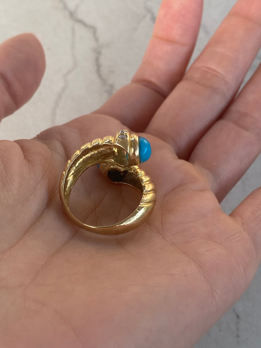 Vintage 14K Gold Turquoise & White Sapphire Bypass Ring