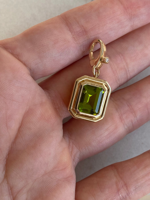 14K Natural Emerald Cut Peridot & Diamond Charm