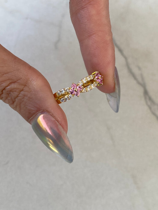 Vintage 18K Gold Pink Sapphire Flower & Diamond Double Row Ring