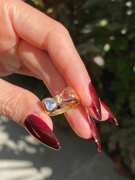 18k pink tourmaline aquamarine heart diamond bow ring size 6.5