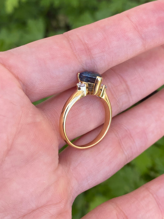 Vintage 18K Blue Sapphire & Diamond Heart Ring Size 6.5
