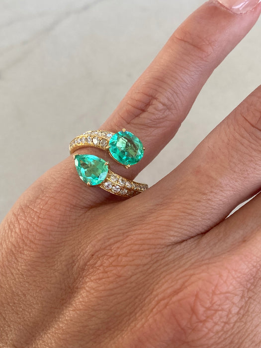 Vintage 18K Emerald & Diamond Bypass Ring