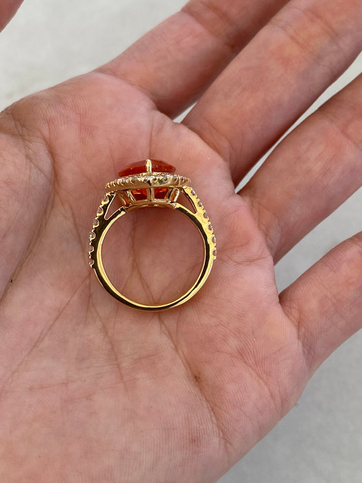 Vintage 18K Yellow Gold Fire Opal & Diamond Halo Ring