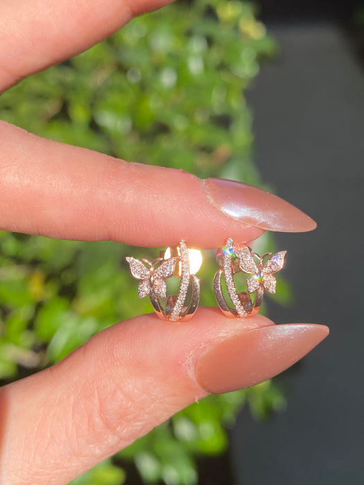 14k Rose Gold Diamond Butterfly J Huggie Earrings | Petite Diamond Huggies