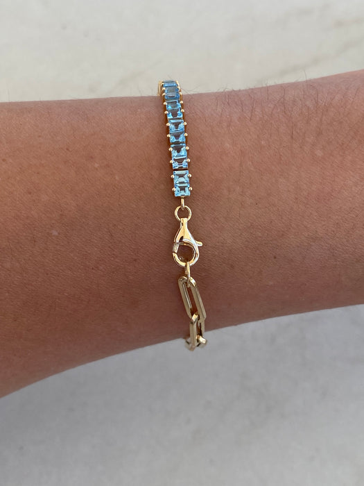 14K Gold Blue Topaz Half Paperclip Bracelet