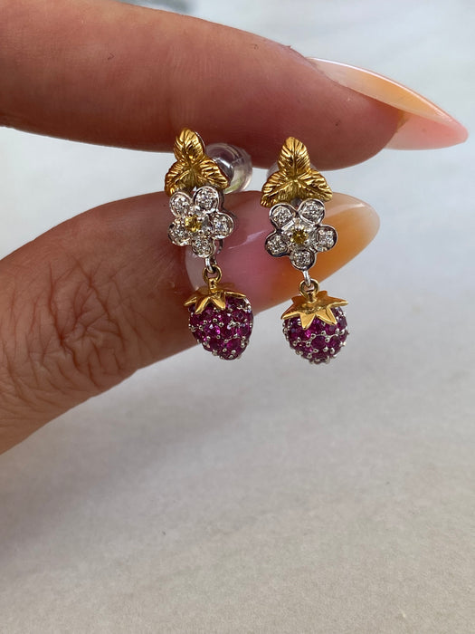 Vintage 18K Two-Tone Ruby, Sapphire & Diamond Strawberry Drop Earrings
