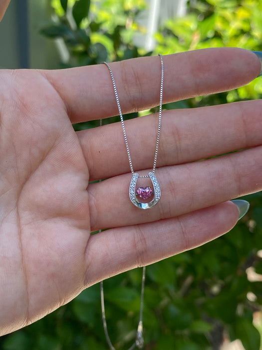 Platinum box chain with horseshoe pink sapphire heart diamond pendant 18”