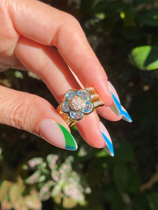 18k cabochon blue topaz diamond flower ring size 5.5