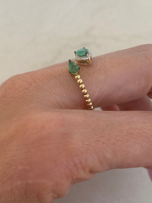 14K Gold Emerald & Diamond Bead Ring