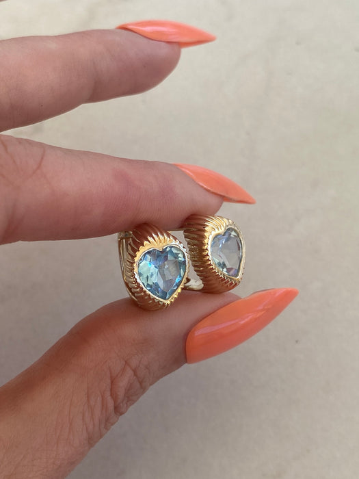 14K Gold Fluted Blue Topaz Huggie Earrings