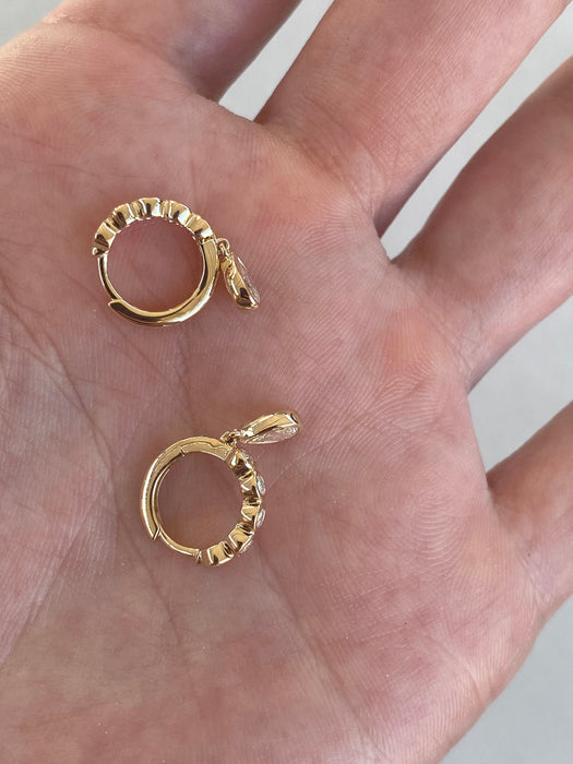 14K Gold Lab Diamond Bezel Huggie Earrings with Pear Drop