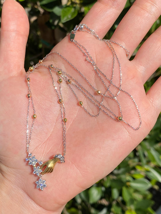 Vintage Two-Tone 18K Platinum 900 Diamond Hand & Flower Necklace