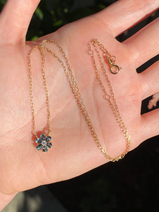 14K Gold Mini Paperclip Chain Necklace with London Blue Topaz Diamond Flower Charm
